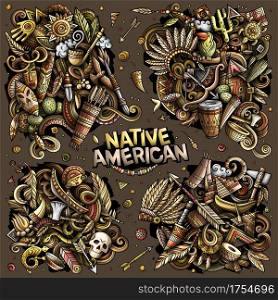 Native American cartoon vector doodle designs set. Colorful detailed compositions with lot of ethnic objects and symbols. All items are separate. Native American cartoon vector doodle designs set.