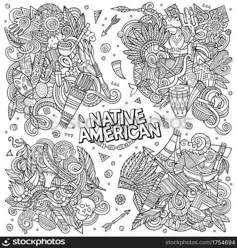 Native American cartoon vector doodle designs set. Line art detailed compositions with lot of ethnic objects and symbols. All items are separate. Native American cartoon vector doodle designs set.