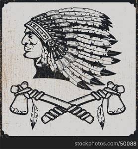 Native american chief head in traditional headdress with tomahawks. Vector design element