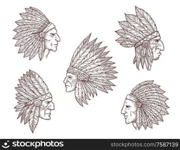 Native american chief sketches. Vector heads of indian man, apache tribe warrior and cherokee archer with feather headdresses and tribal face paint, history of America and ethnic culture theme. Native american indian chiefs with feathers