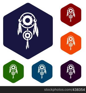 Native american dreamcatcher icons set hexagon isolated vector illustration. Native american dreamcatcher icons set hexagon