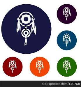 Native american dreamcatcher icons set in flat circle red, blue and green color for web. Native american dreamcatcher icons set