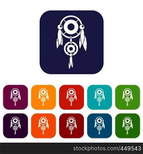 Native american dreamcatcher icons set vector illustration in flat style In colors red, blue, green and other. Native american dreamcatcher icons set flat