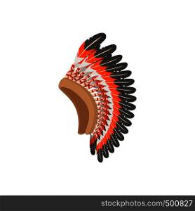 Native American feather headdress icon in cartoon style on a white background . Native American feather headdress icon