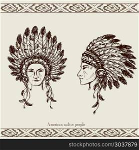 Native American Head. Native American Head, hand drawn, vector illustration. Native American Head