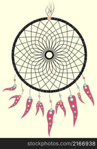 Native american indian dream catcher, traditional symbol. Bright card card with colored feathers and beads. Illustration with hand drawn dream catcher. Feathers and beads. Doodle drawing.