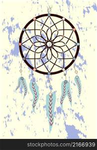 Native american indian dream catcher, traditional symbol. Bright card card with colored feathers and beads. Illustration with hand drawn dream catcher. Feathers and beads. Doodle drawing.