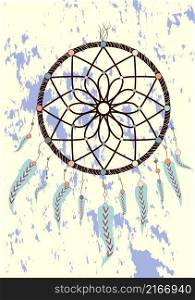 Native american indian dream catcher, traditional symbol. Bright card card with colored feathers and beads. magic symbol Dreamcatcher with gemstones and feathers.