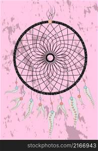 Native american indian dream catcher, traditional symbol. Bright card card with colored feathers and beads. Native american indian dream catcher, traditional symbol. Bright card card with colored feathers and beads on white background.