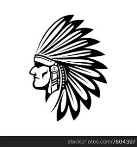 Native american indian in feathered headdress isolated head. Vector tribal chief in feather hat. Indian in feathered hat isolated native american