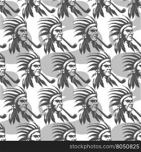 Native american indian seamless pattern. Monochromic seamless pattern with native american indian and pipe vector