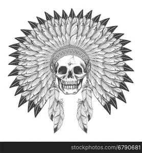 Native american indian skull with headdress. Native american indian apache skull with indian feather headdress vector illustration