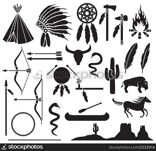 Native American Indians icons set (bow and arrow, snake, horse, bison, cactus, tomahawk, axe, campfire, landscape, wigwam, chief headdress, canoe, peace pipe, dream catcher)