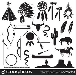 Native American Indians icons set (bow and arrow, snake, horse, bison, cactus, tomahawk, axe, campfire, landscape, wigwam, chief headdress, canoe, peace pipe, dream catcher)