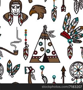 Native American Indians traditional culture symbols pattern background. Vector seamless design of Indigenous household and tribal icons wigwam hut, tomahawk weapon tools and smoking pipe. Native American Indians traditional culture symbols pattern background.