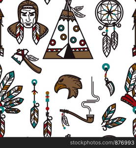 Native American Indians traditional culture symbols pattern background. Vector seamless design of Indigenous household and tribal icons wigwam hut, tomahawk weapon tools and smoking pipe. Native American Indians traditional culture symbols pattern