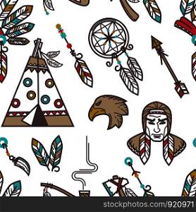 Native American Indians traditional culture symbols pattern background. Vector seamless design of Indigenous household and tribal icons wigwam hut, tomahawk weapon tools and smoking pipe. Native American Indians traditional culture symbols pattern background.