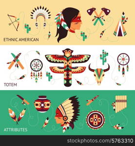 Native american tribes traditional protective ethnic totems and attributes historical concept horizontal banners set abstract vector illustration