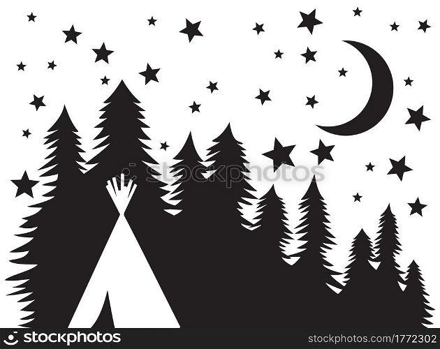 Native American wigwam or tepee and starry night. Forest, night moon and stars.