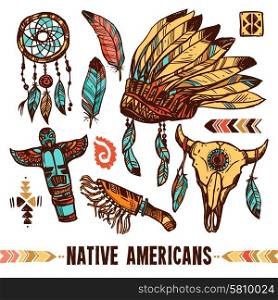 Native Americans Decorative Icon Set. Native american style skull tambourine war bonnet with feathers color decorative icon set isolated vector illustration