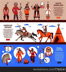 Native americans horizontal banners with indians in national clothes wigwam and element of tribal culture cartoon vector illustration. Native Americans Horizontal Banners