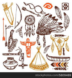 Native americans set with hand drawn feathers headband and traditional patterns isolated vector illustration. Native Americans Set