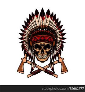 Native indian chief skull with crossed tomahawks on white background. Design element for logo, label, emblem, sign. Vector illustration