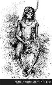Native Man Making a Rope in Oiapoque, Brazil, drawing by Riou from a sketch by Dr. Crevaux, vintage engraved illustration. Le Tour du Monde, Travel Journal, 1880