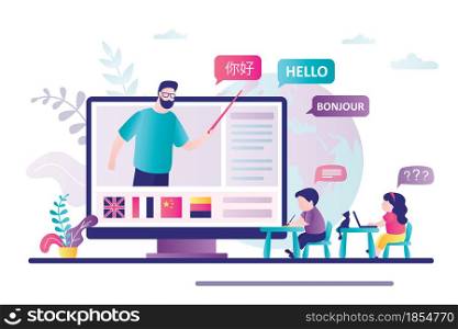 Native speaker teaches children foreign languages online. Children studying new language on courses. Kids speaking club. Word HELLO in different languages. Learning technology. Vector illustration. Children studying new language on courses. Kids speaking club. Word HELLO in different languages.