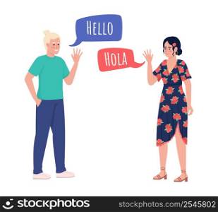 Native speakers exchanging greetings semi flat color vector characters. Full body people on white. Simple cartoon style illustration for web graphic design and animation. Amatic SC font used. Native speakers exchanging greetings semi flat color vector characters