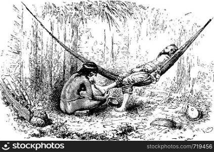 Native Woman Removing Jiggers From Feet in Oiapoque, Brazil, drawing by Riou from a sketch by Dr. Crevaux, vintage engraved illustration. Le Tour du Monde, Travel Journal, 1880