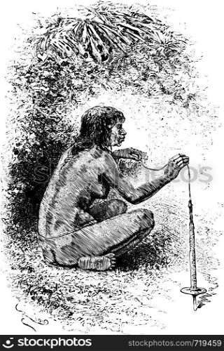 Native Woman Spinning a Top in Oiapoque, Brazil, drawing by Riou from a sketch by Dr. Crevaux, vintage engraved illustration. Le Tour du Monde, Travel Journal, 1880
