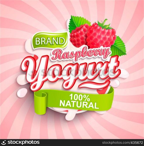 Natural and fresh raspberry Yogurt logo splash on sunburst background for your brand, template, label, emblem for groceries, stores, packaging, packing and advertising. Vector illustration.. Natural and fresh raspberry Yogurt logo splash.