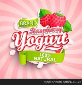 Natural and fresh raspberry Yogurt logo splash on sunburst background for your brand, template, label, emblem for groceries, stores, packaging, packing and advertising. Vector illustration.. Natural and fresh raspberry Yogurt logo splash.