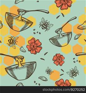 Natural and organic honey product made on farm. Farming and beekeeping, tasty sweet liquid from bees and pollen flowers. Background or wallpaper print, seamless pattern. Vector in flat style. Beekeeping and producing organic and natural honey