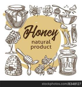 Natural and organic product, honey produced at farm, beekeeping and usage of liquid in culinary and cosmetics. Skincare and wellness, monochrome sketch outline. Vector in flat style illustration. Honey natural product, bees and sugary liquid