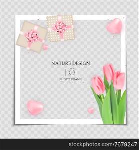 Natural Background Photo Frame Template with spring Tulips Flowers and gift box for post in Social Network. Vector Illustration. Natural Background Photo Frame Template with spring Tulips Flowers and gift box for post in Social Network. Vector Illustration EPS10