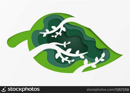 Natural background with green leaf. eco friendly and word environment. paper art vector illustration