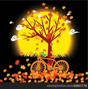 Natural background with leaves and bicycle under the moonlight