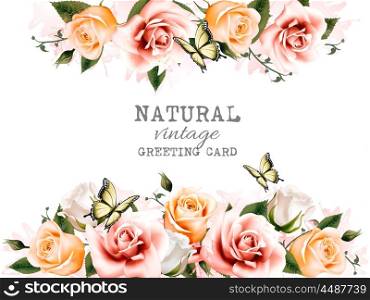 Natural background with roses. Vintage vector.