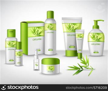 Natural bamboo herbal cosmetic products in different containers decorative set vector illustration