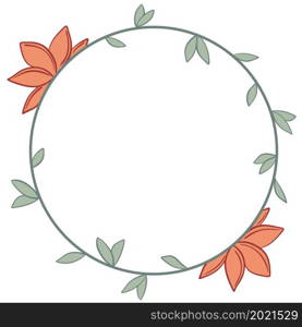 Natural beautiful wreath with flowers and leaves in doodle style. Floral round frame, template for greeting cards or congratulations. Circular foliage border, vector illustration. Natural beautiful wreath with flowers and leaves in doodle style