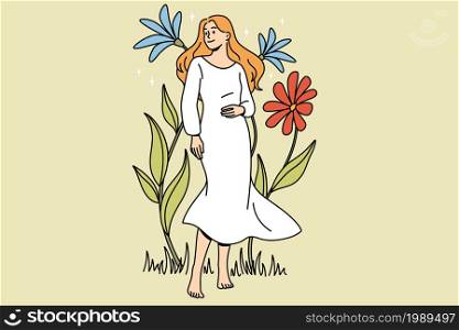 Natural beauty and nature concept. Young smiling blonde woman in white dress barefoot standing between blooming colorful flowers vector illustration . Natural beauty and nature concept.