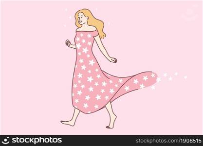 Natural beauty of woman concept. Young smiling blonde woman in pink long dress walking with flowers flying nearby feeling beautiful vector illustration . Natural beauty of woman concept