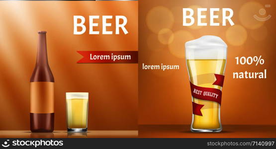 Natural beer banner set. Realistic illustration of natural beer vector banner set for web design. Natural beer banner set, realistic style