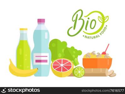 Natural bio food 100 percent organic vector, grapefruit and banana, bottle of fresh water, leaves and lime porridge in bowl served with spoon, dishes. Natural and Organic Meal, Fruits and Porridge