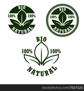 Natural bio green labels with fresh leaves arranged in round seals, for food and drinks package design. Retro style. Natural bio green labels set