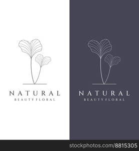 Natural botanical logo organic design with leaves, flowers, stems. With a minimalist outline, elegant.Suitable for beauty products, badges, weddings and business.