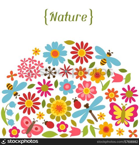 Natural card with beautiful simple flowers, beetles and butterflies.