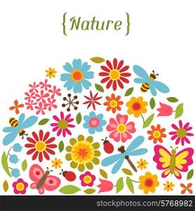 Natural card with beautiful simple flowers, beetles and butterflies.